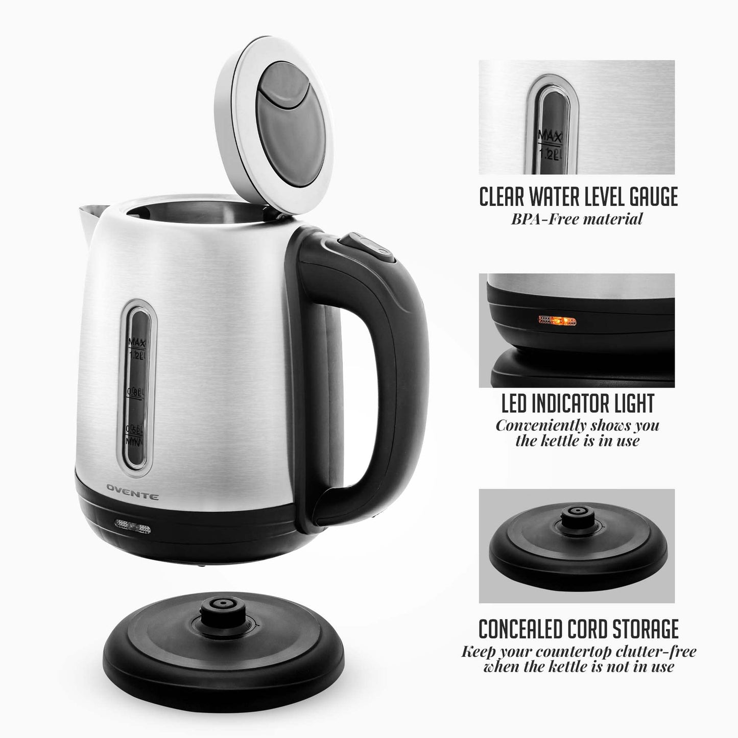 OVENTE Electric Tea Kettle Stainless Steel 1.2 Liter Portable Instant Water Boiler Heater 1100W Power Fast Boiling with Cordless Body and Automatic Shut Off for Coffee Milk Chocolate Silver KS22S