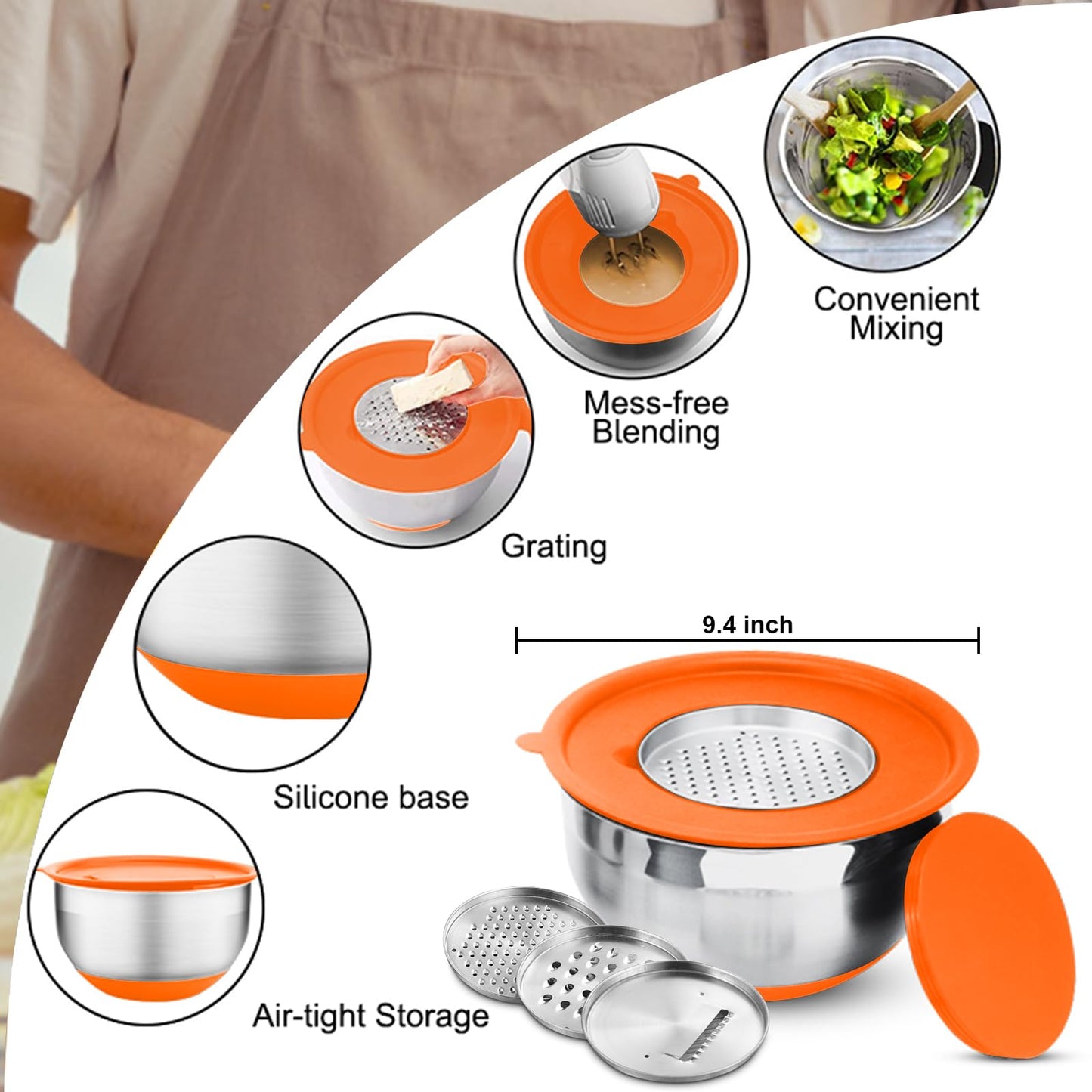 Menbyci 6 Pcs Mixing Bowls with Lids,Stainless Steel Mixing Bowls Utensils with 3 Grater Attachments,Non-Slip Bottoms,Mixing Bowl Set for Kitchen Mixing Baking Prepping Cooking Serving,Colorful