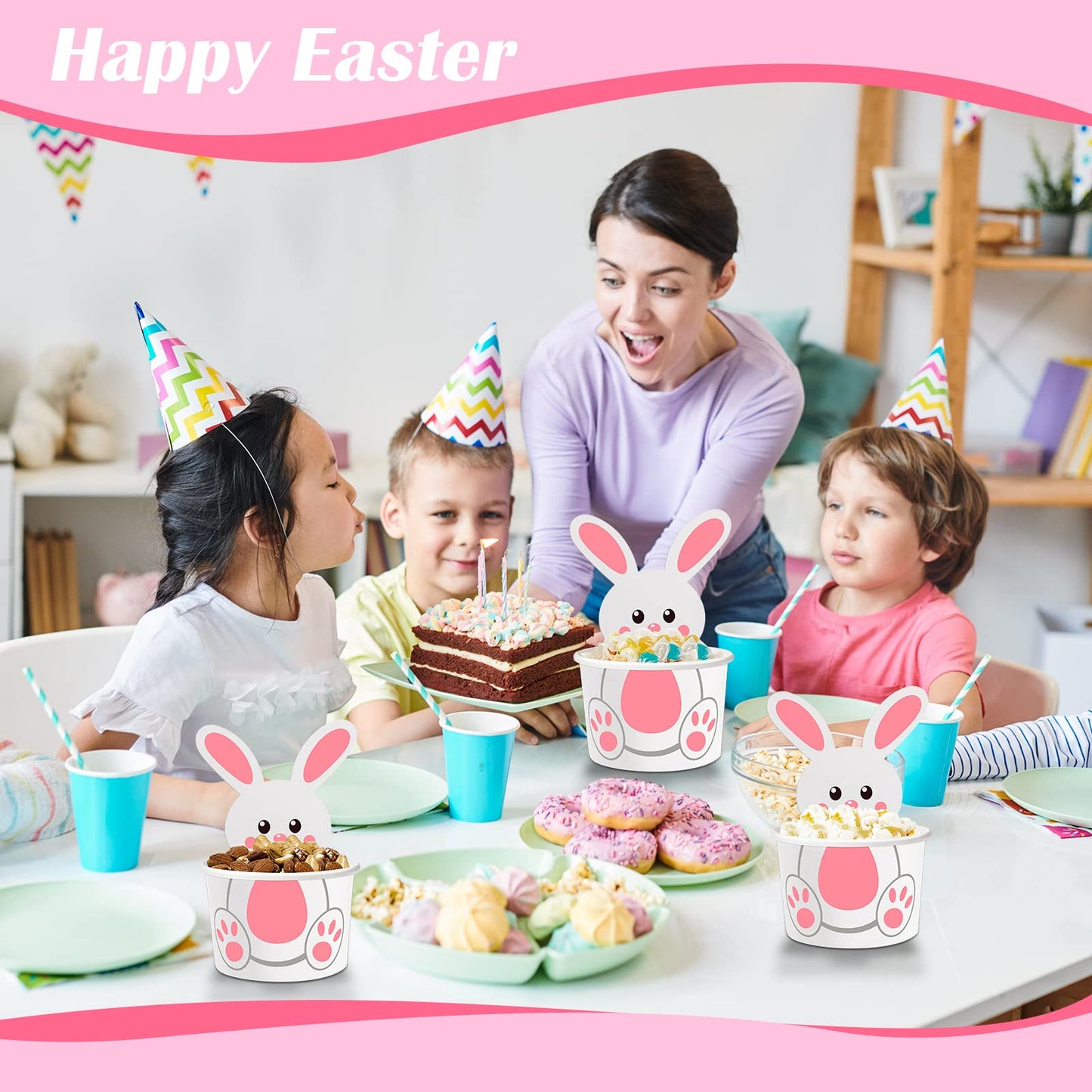 Suclain 24 Pack Easter Bunny Snack Cups 8 oz Easter Party Paper Treat Bowls Disposable Bunny Dessert Cups Small Holiday Kids Party Cups for Party Favors Decorations Supplies