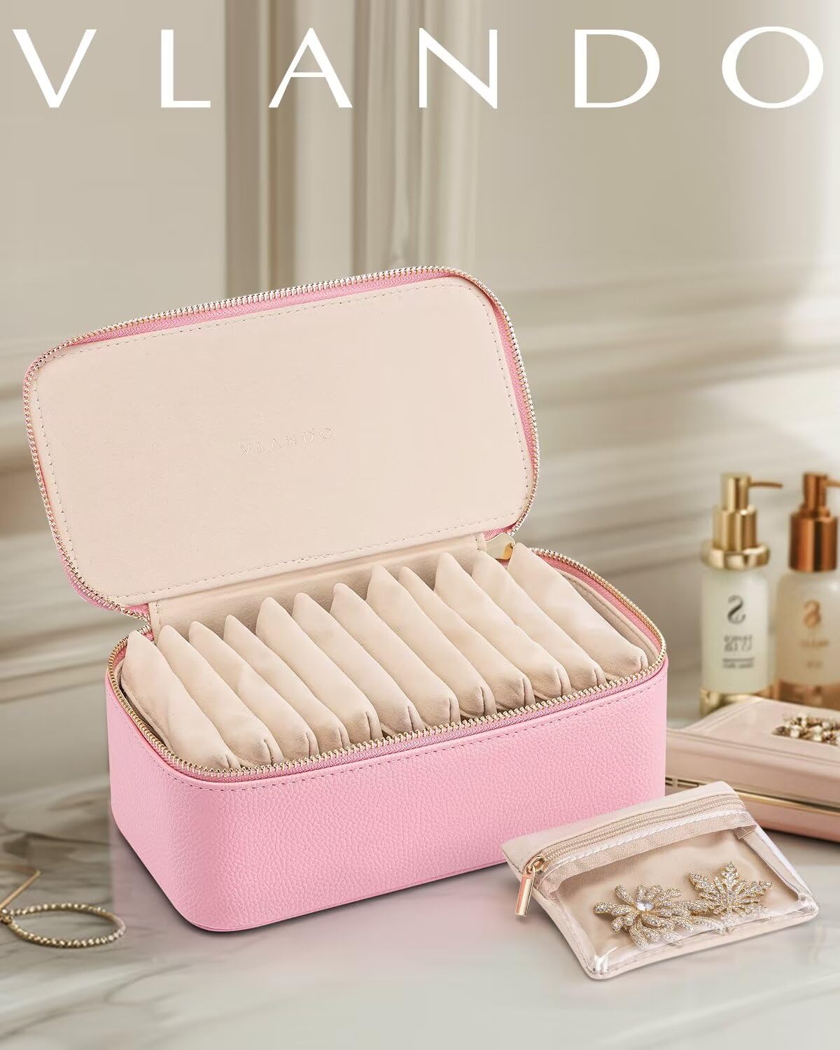 Vlando Jewelry Travel Organzier,Jewelry Travel Case with 12 Pcs Velvet Jewelry Bags,Christmas Gift Birthday Gift Graduation for Women Girl-Strawberry Pink