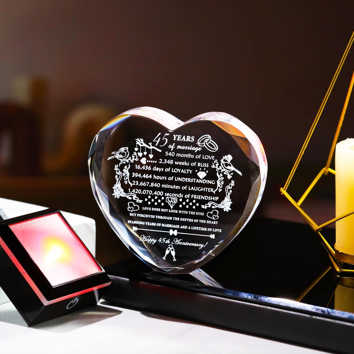 YWHL 45th Wedding Anniversary Crystal Gifts with Colorful LED Base Engraved Happy 45th Anniversary Heart Keepsake Gift for Couples Parents Romantic 45 Years of Marriage Gifts for Wife Husband