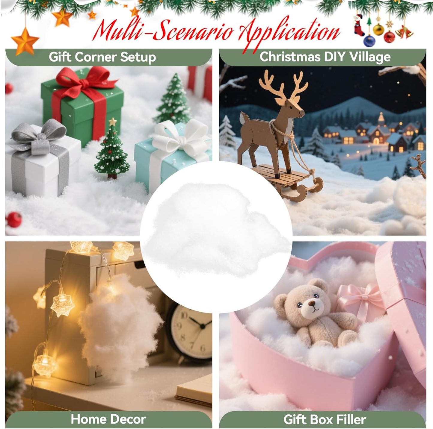 Rainflow Christmas Fake Snow Cotton - 7 Ounce Artificial Snow for Crafts | White Fluff for Holiday Decor