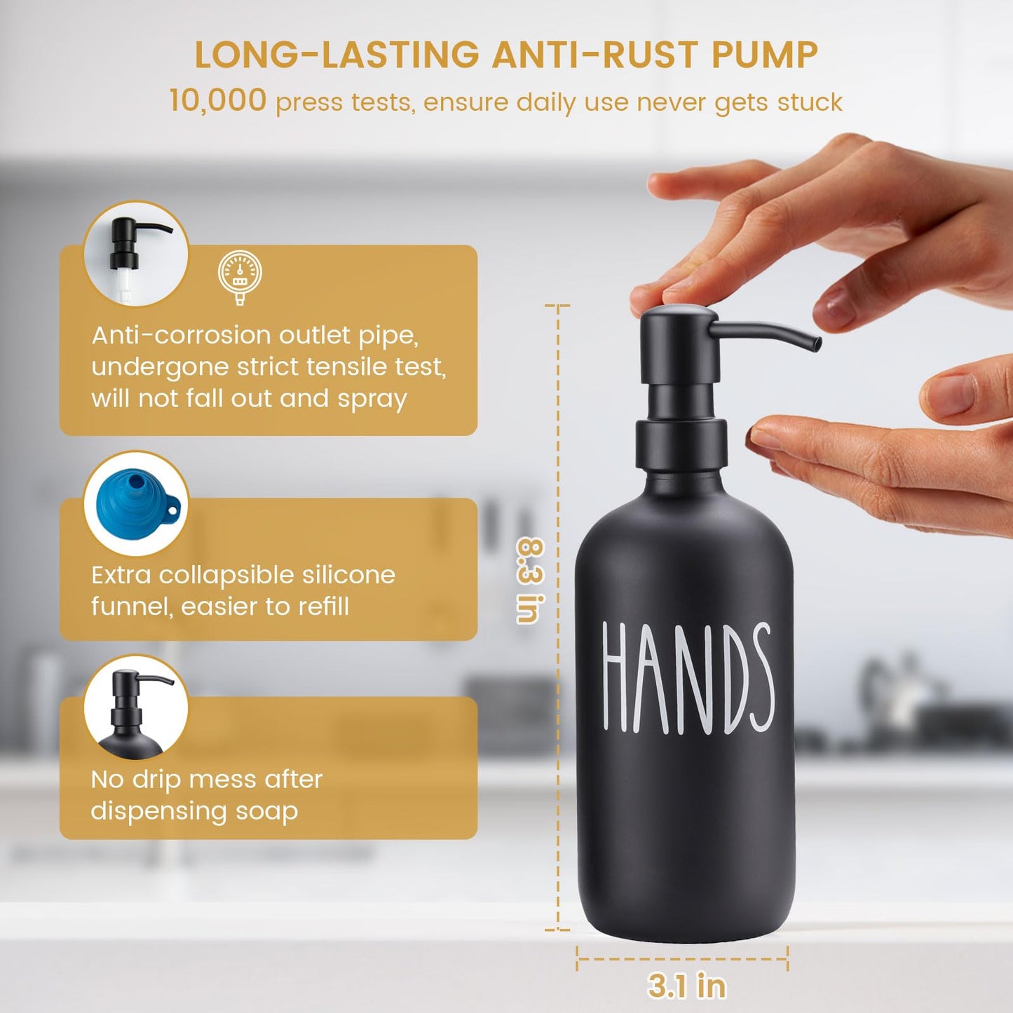 Glass Soap Dispenser for Kitchen Sink,Farmhouse Kitchen Dish Soap Dispenser&Hand Soap Dispenser Set,Rustproof Pump Soap Dispenser Set with Tray and Dish Brush,Kitchen Decor(Black)