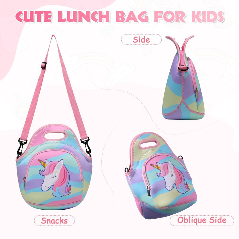 Lunch Bag for Kids, Chasechic Cute Lightweight Neoprene Insulated Lunch Boxes Tote with Detachable Adjustable Shoulder Strap (Unicorn)