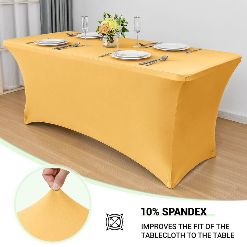 Obstal 4Ft Stretch Spandex Table Cover for Standard Folding Tables - 2 Pack Universal Rectangular Fitted Tablecloth for Party, Banquet, Events, Trade Show (Gold, 48L x 24W x 30H Inches)