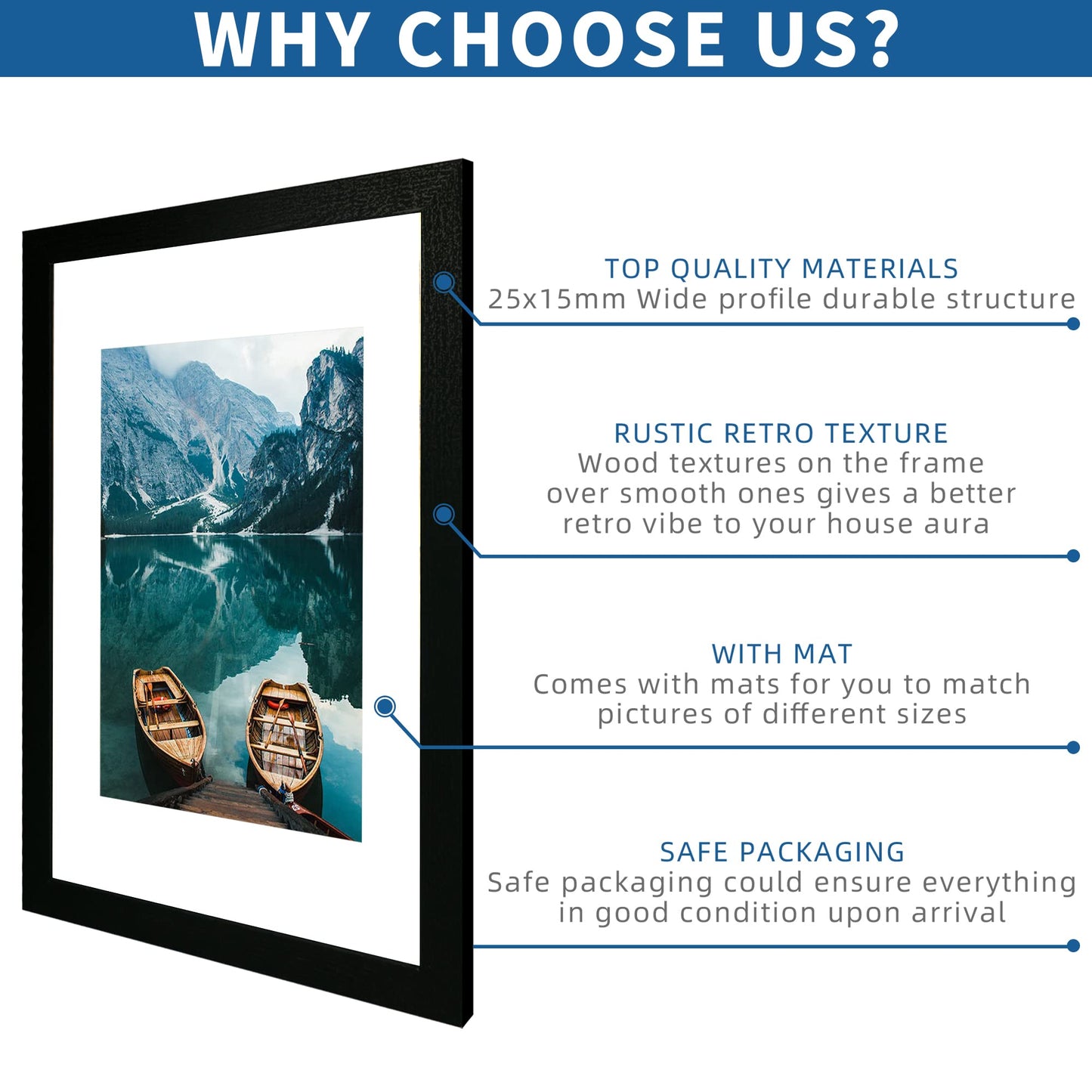Hongkee 11x17 Frame Set of 2, Rustic Black Wood Style - Display 11 x 17 Poster without Mat or 8x12 Picture with Mat, Wall Mounting Horizontal and Vertical