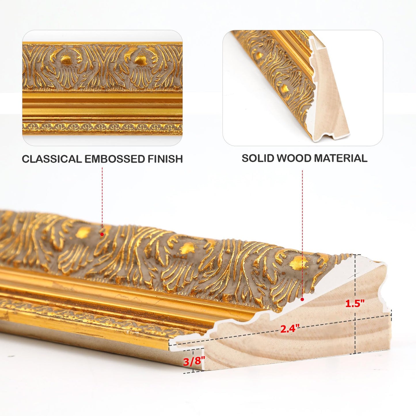 FOLKOR Antique Gold 5x7 Canvas Frame, 2.4” Wide Solid Wood Baroque Ornate Art Frame for Oil Paintings Prints Pictures Posters, Finished Open Back Frame, No Back & Cover (Gold)