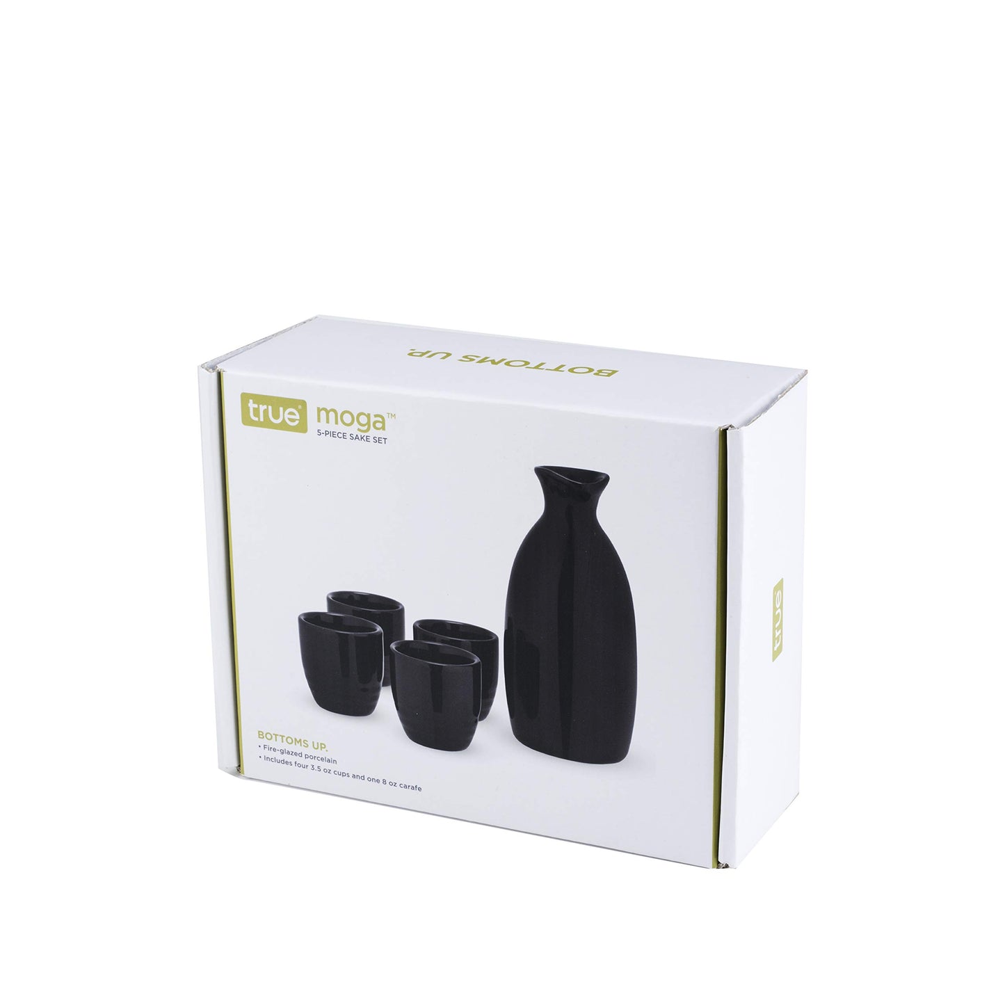 True Moga Sake Set, Pitcher and tumbler set for Sake, Japanese Style Sake Stoneware, Four 3.5 oz Cups and one 8 oz. Carafe, Fire glazed Porcelain, Set of 5, Black