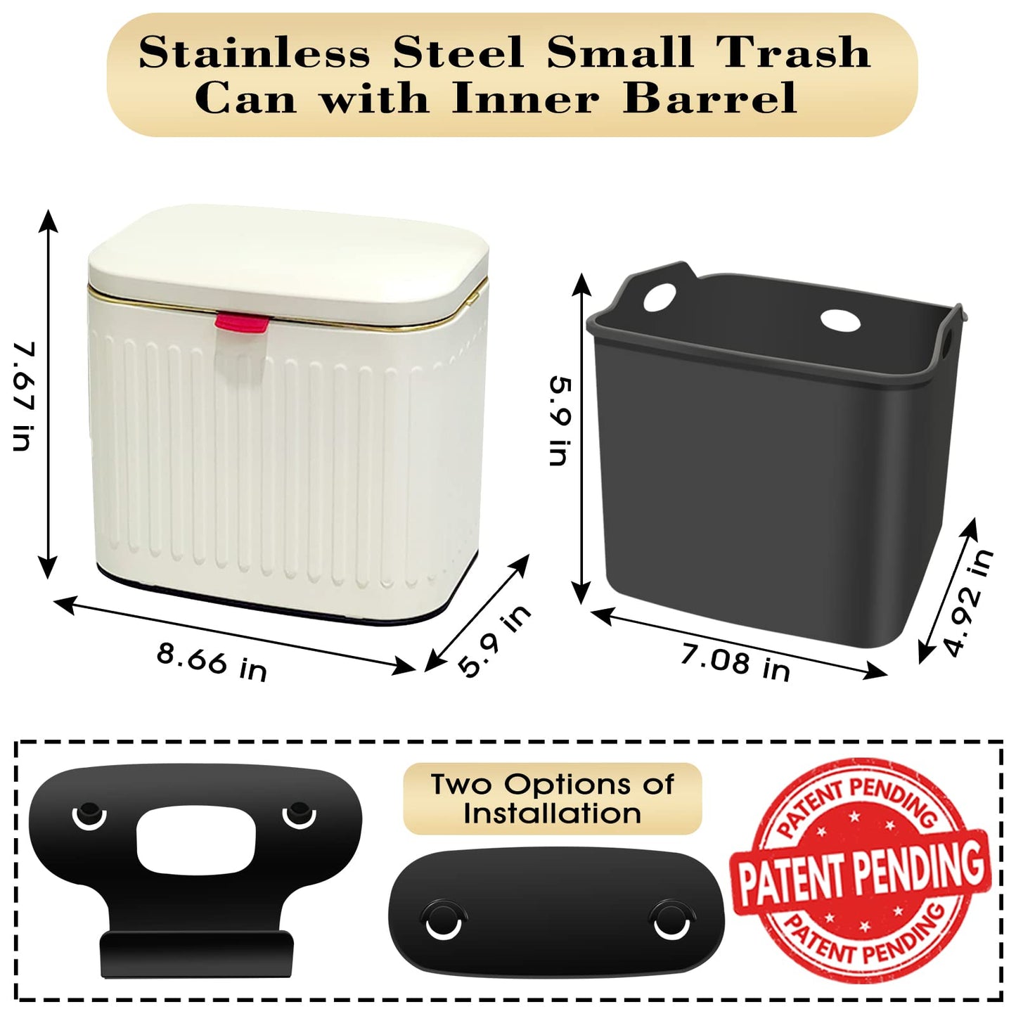 GloDeals Kitchen Trash Can with Lid, 2 in 1 Small Garbage Can Compost Bin Countertop, Wall-Mounted Under Sink Indoor Trash Bin for Kitchen, Bathroom, Cabinet Trash Can Hanging (4L, White/1.05 Gal)