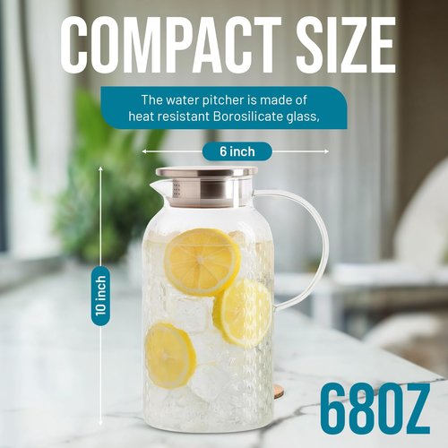 2 Liter 68 oz Glass Pitcher with Lid and Spout, Diamond Glass Carafe for Hot/Cold Water, Large Iced Tea Pitcher for Juice and Homemade Beverage