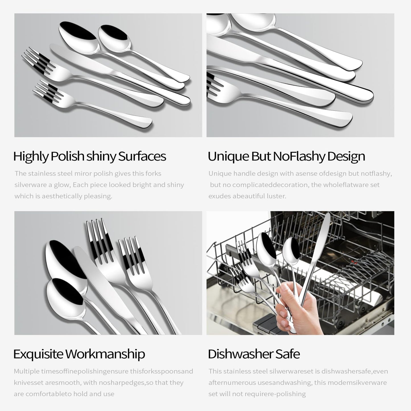 Silverware Set, 20 Piece Flatware Cutlery Set for 4, 18/8 Stainless Steel Silverware Mirror Polished Dishwasher Safe for Home, Restaurant, Wedding, Party Cutlery(Silver, 20 pieces for 4)