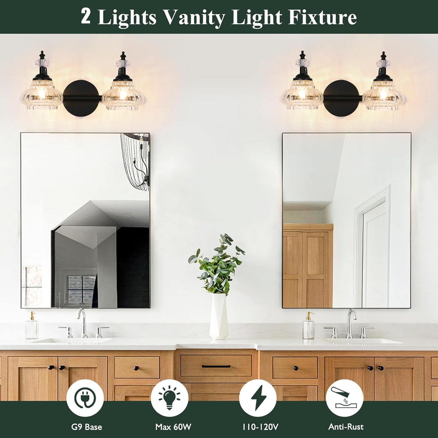 Bathroom Vanity Light Fixtures Over Mirror, Matte Black Vintage Glass Crystal Bathroom Vanity Lighting Fixtures, 2 Lights Wall Sconce for Bathroom Bedroom Kitchen Living Room Dressing Room