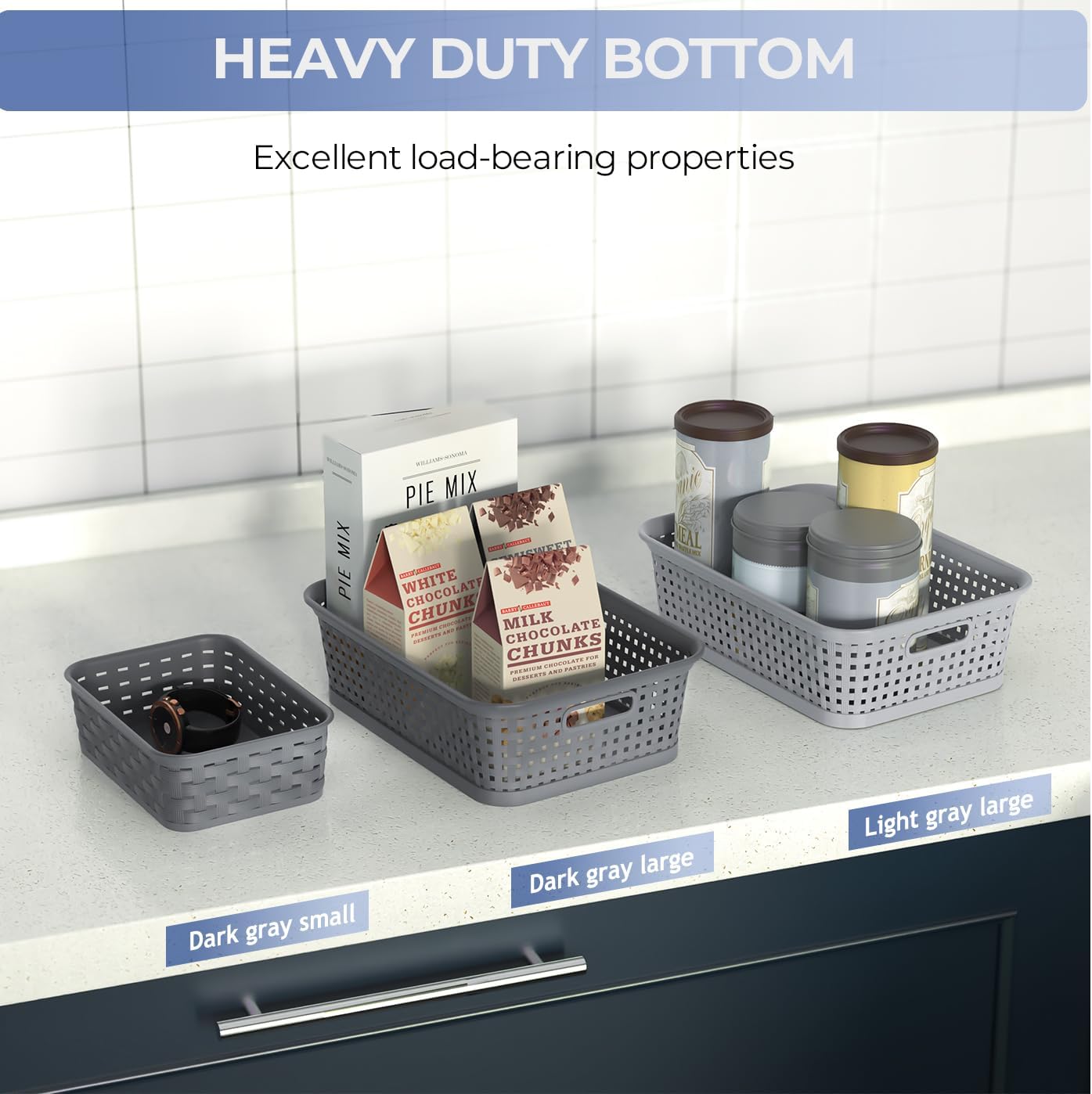 Small Plastic Storage Baskets - 3 Pack Organizing Bins for Laundry, Kitchen, and Pantry | Dark Gray