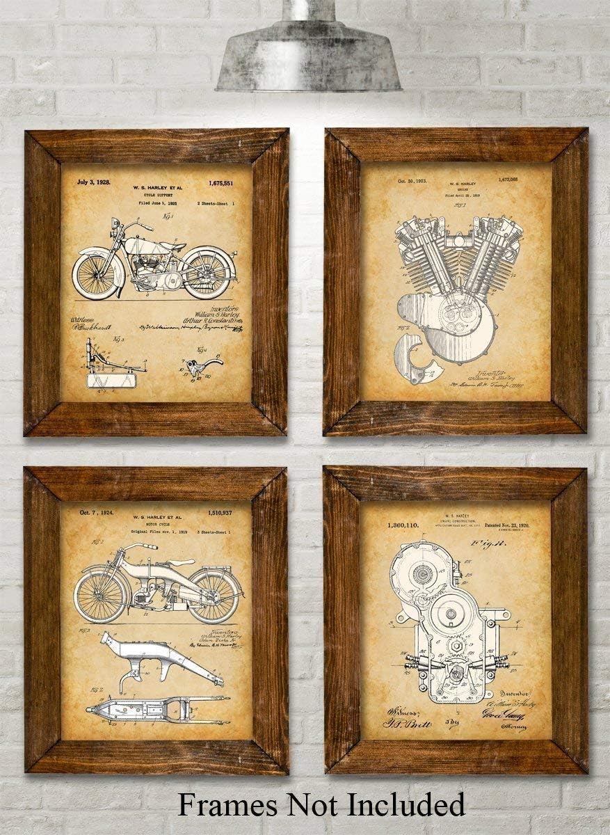 Harley Davidson Motorcycle Patent Wall Art Prints - Set of 4 Unframed 8x10 Posters for Home Decor & Gifts