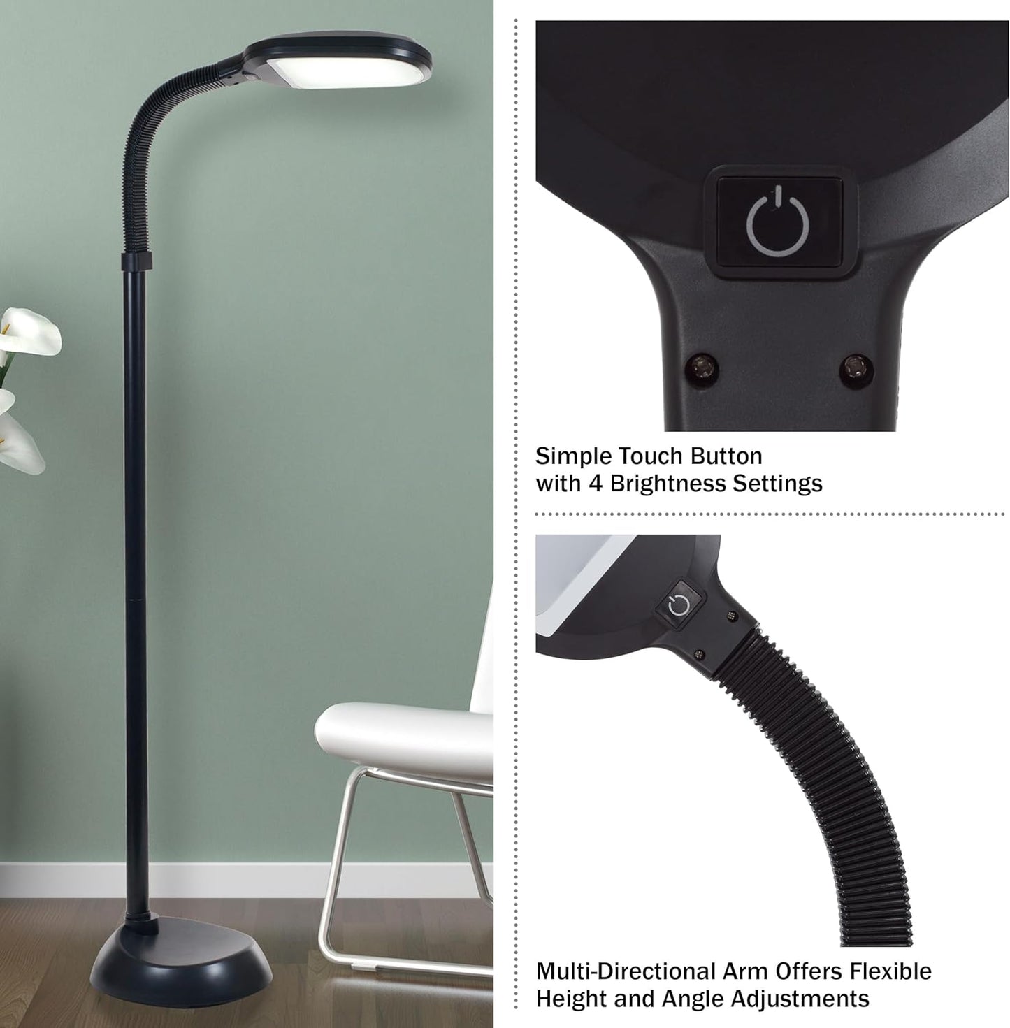 Lavish Home Adjustable LED Floor Lamp with Bendable Neck - Full Spectrum Natural Sunlight LED Lamp for Bedroom and Living Room - Reading, Craft, and Esthetician Light (Black)