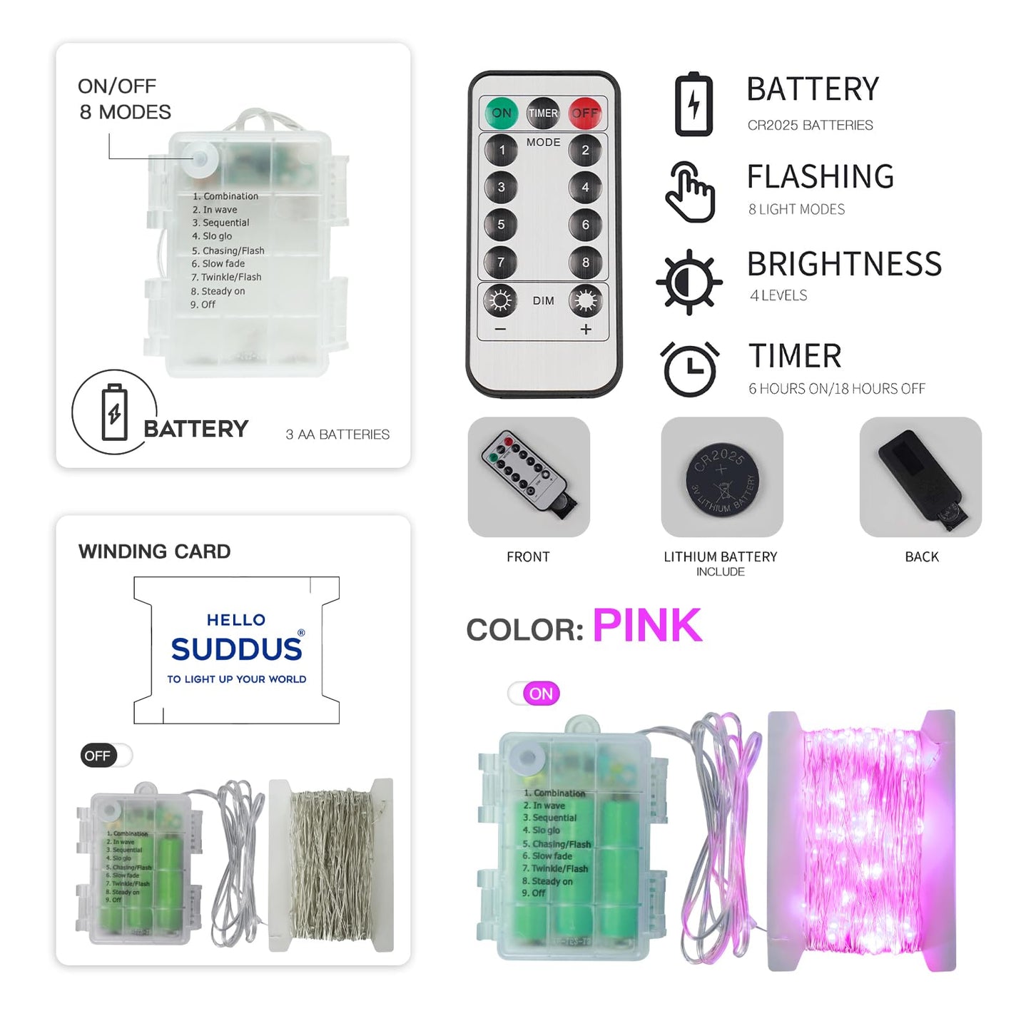 suddus Pink Fairy Lights Battery Operated Outdoor Waterproof, 33ft 100 Led String Lights with Remote, Twinkle Lights for Bedroom, Dorm, Tapestry, Christmas, Party Decorations