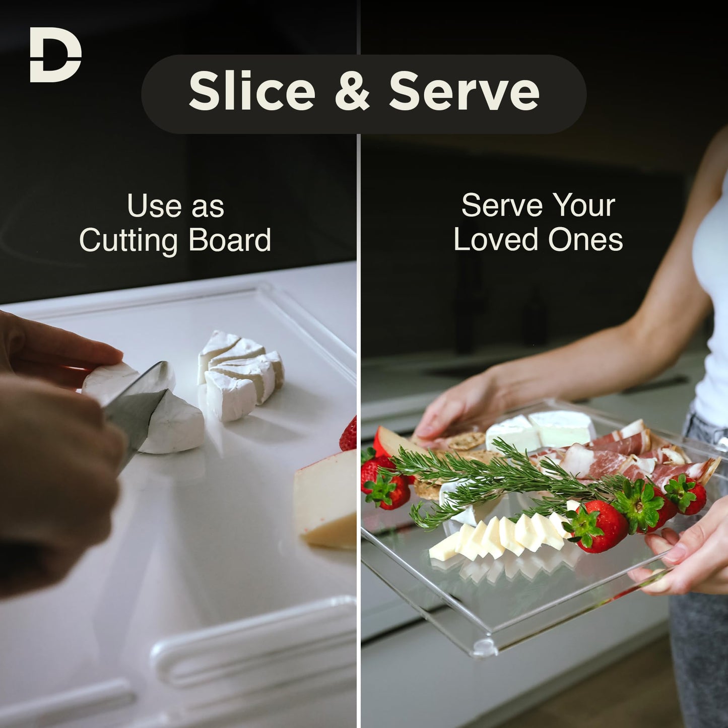 DIAMONDSLICE Clear Acrylic Cutting Board for Countertop (18x14 inches) with Food Scraper | Multipurpose Large Counter Cutting Boards & Serving Platter for Kitchen - Essential Kitchen Decor Gifts