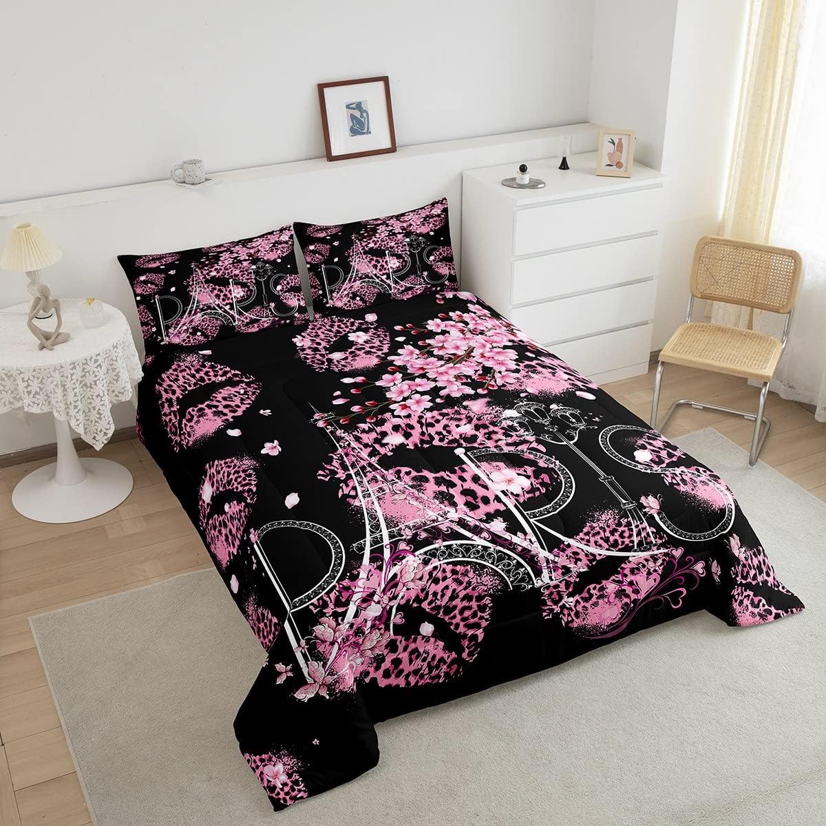 Homewish Dandelion Comforter Set Queen Size,Rustic Natural Bedding Set 3pcs for Kids Teens Girls Boys Room Decor,Butterfly Floral Animal Quilt Set Black and White Duvet Insert with 2 Pillowcases