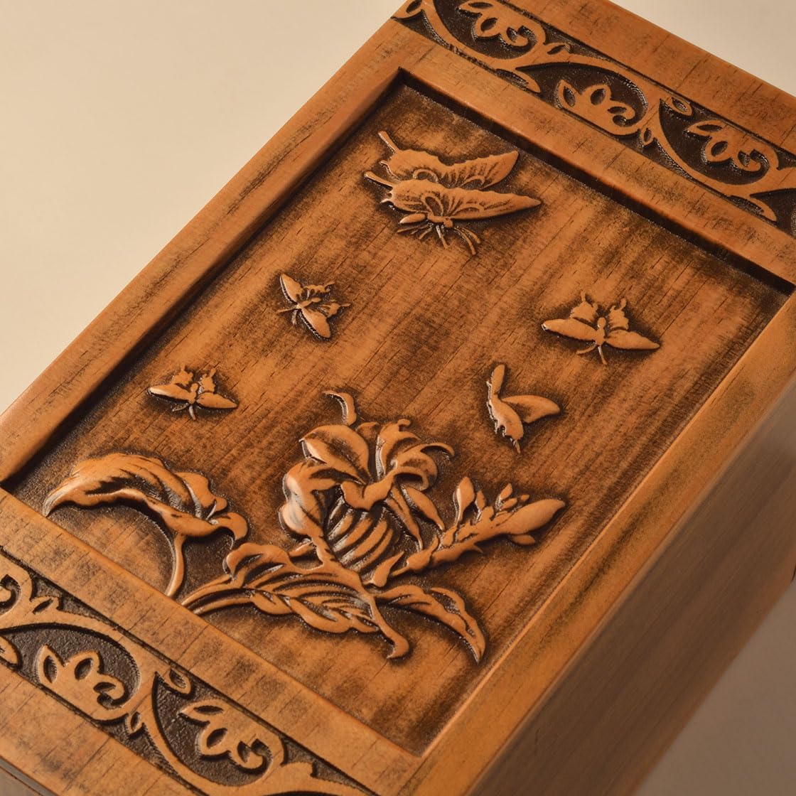 Handmade Wooden Engraved Urn for Human Ashes Adult Male Female Satin Bag Cremation urns Box (Butterfly(250lbs))