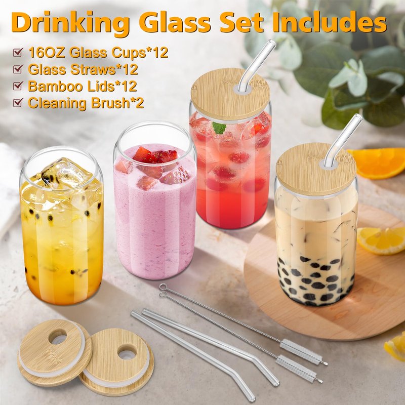 sungwoo 12PCS Glass Cups with Bamboo Lids and Straws, 16OZ Ice Coffee Cup, Drinking Cup set with Wooden Lids, Home Essential Glass Tumblers for Beer, Cocktail, Tea and Latte Clear