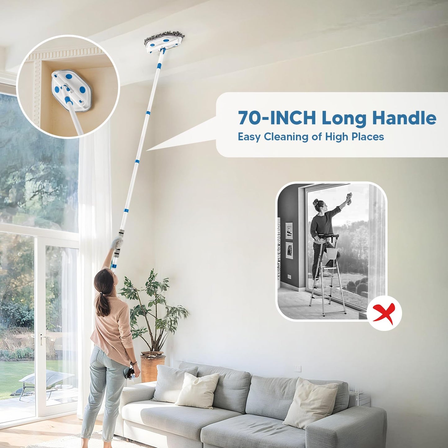 Wall Cleaner Mop with Long Handle 80 Inches,Wall Scrubber,Ceiling Cleaning Tool with Squeegee,Baseboard Cleaner Duster with 4 Reusable Pads.Dust Mop for Painted Walls, Window, Floor.