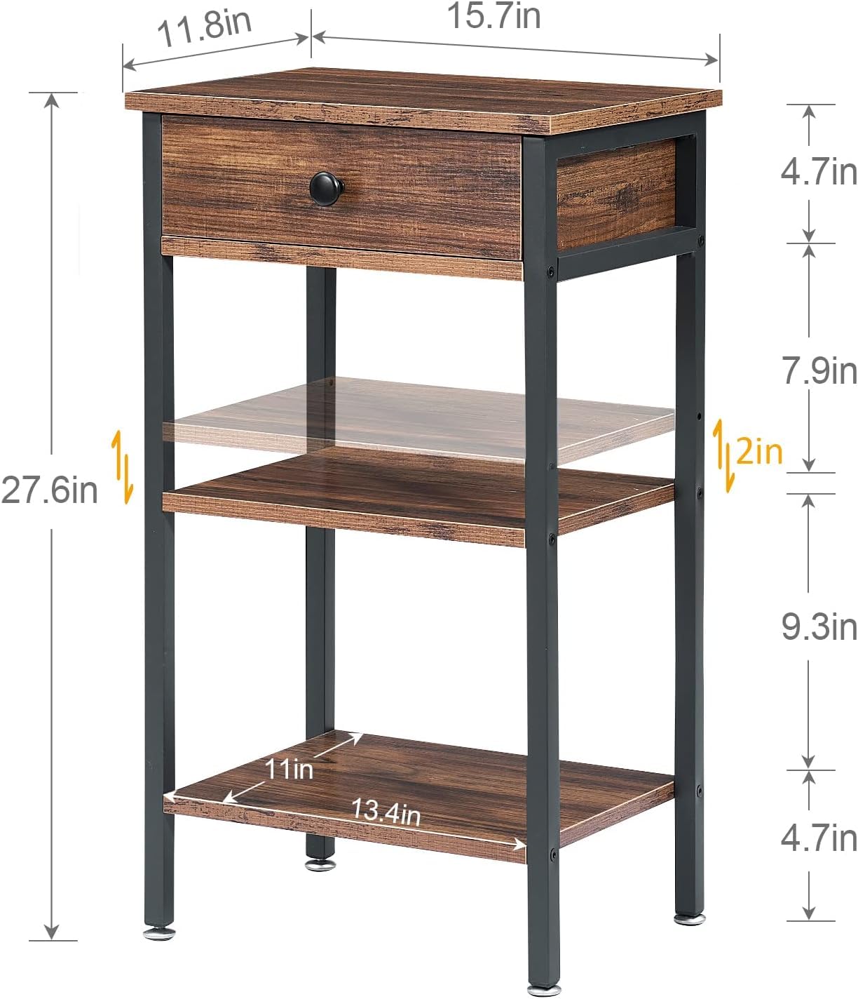 VECELO Tall End Table with Adjustable Shelf Night Stand with Drawer for Small Spaces,Living Room Bedroom, Brown,Set of 2