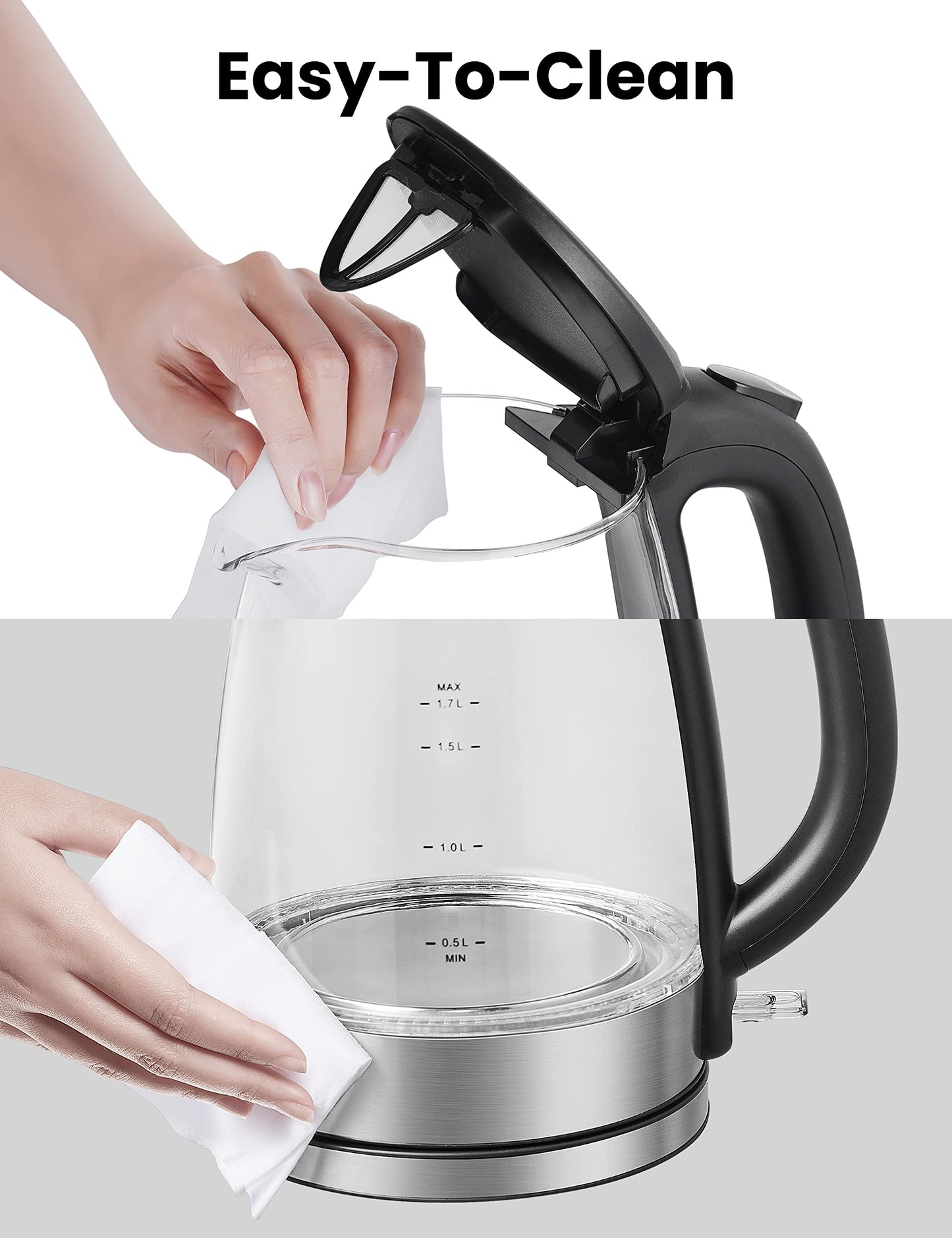 COMFEE' Glass Electric Tea Kettle & Hot Water Kettle Electric, 1.7L Electric Kettle with LED Indicator, 1500W Fast Boil, Auto Shut-Off and Boil-Dry Protection