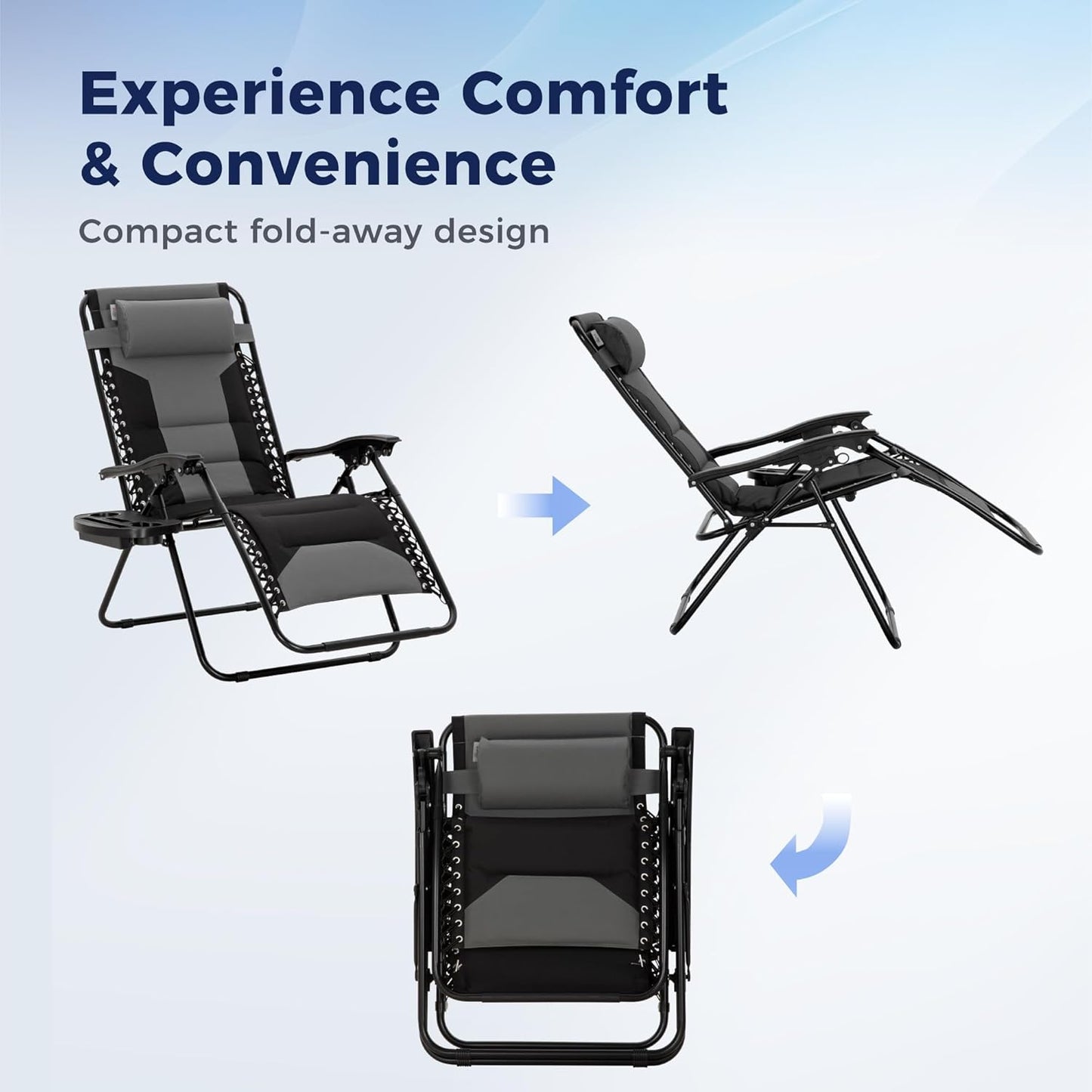 Maison Arts Oversized Zero Gravity Chairs - Set of 2 Folding Recliners with Cup Holder, 28" Wide Seat, Supports 400lbs, Grey & Black