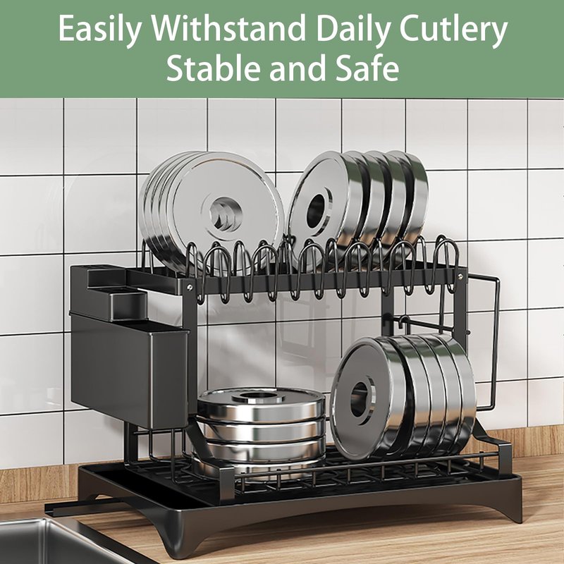 BOOLKER Dish Drying Rack, 2 Tier Dish Racks for Kitchen Counter, Detachable Dish Drainer Organizer with Utensil Holder, Drying Rack with Drain Board, Black, A Mat for Cutting Board