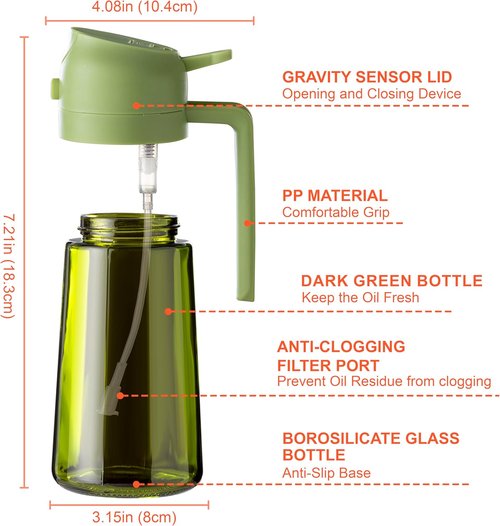 CXINYI - 16oz Olive Oil Dispenser with Stickers | 2-in-1 Sprayer for Cooking & Salad, Black & Green