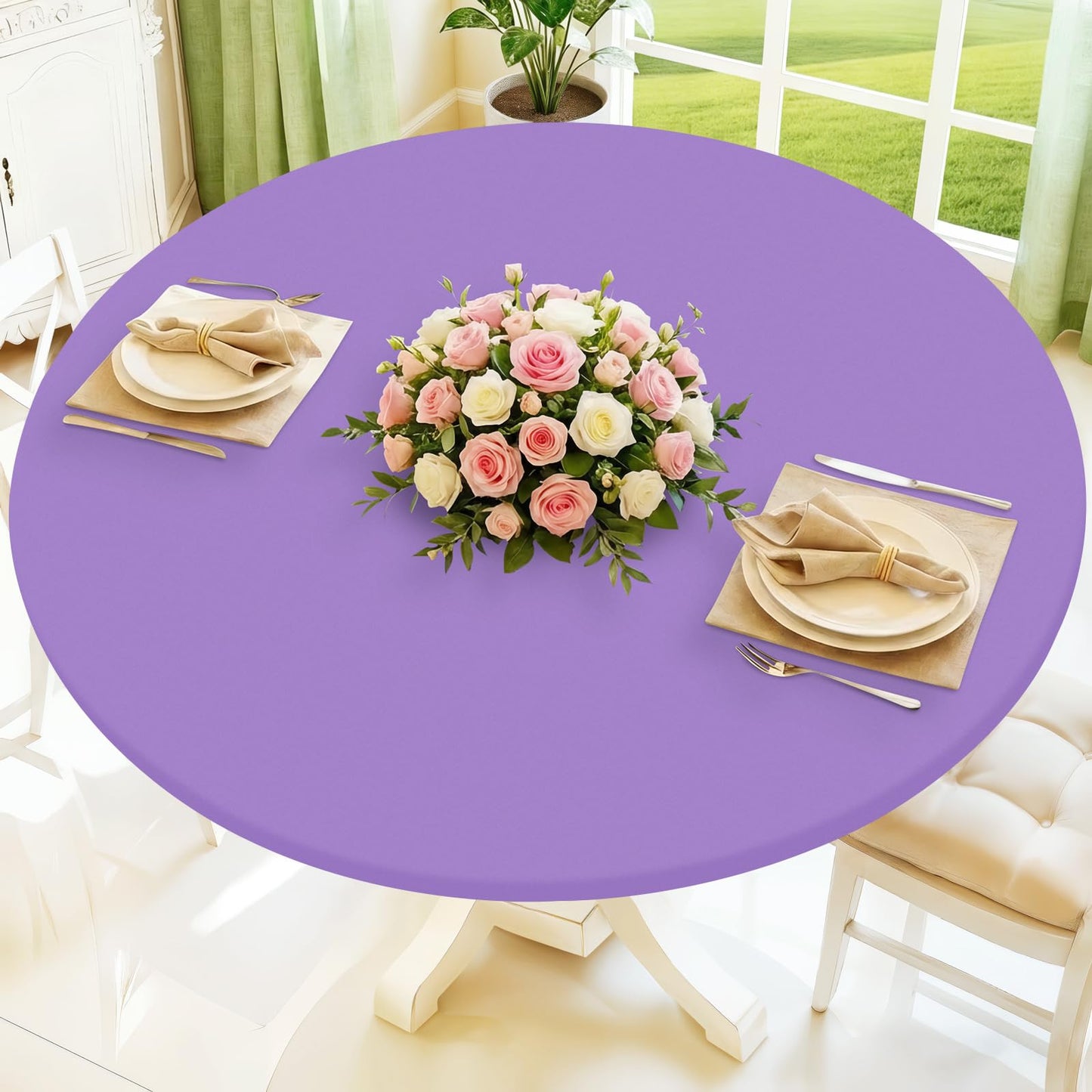 Moosfor Round Spandex Tablecloth, Elastic Fitted Waterproof Tablecloths for 36"-44" Tables, Stretch Washable Picnic Table Cover for Camping, Dining, Indoor and Outdoor,Lavender Purple