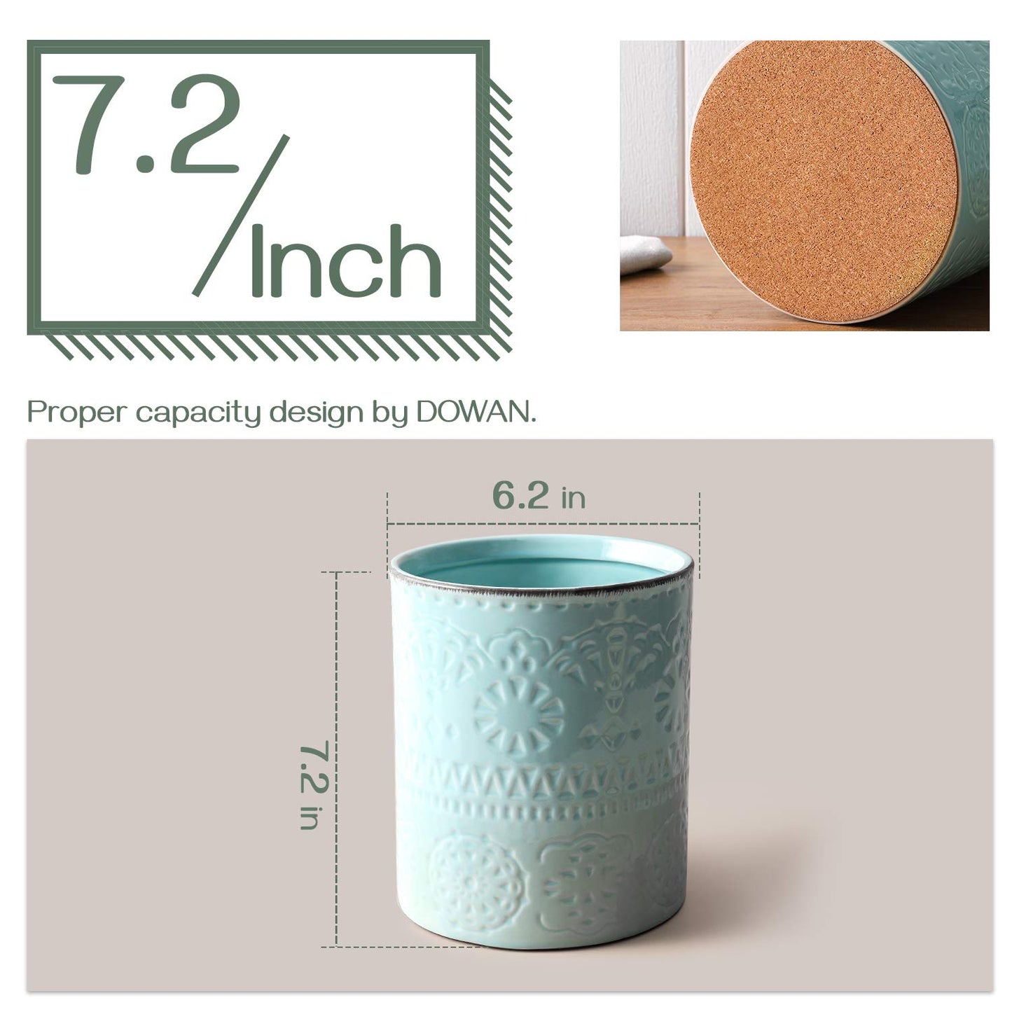 DOWAN Kitchen Utensil Holder, 7.2” Extra Large Farmhouse Utensil Holders for Countertop, Ceramic Utensil Crock, Anti Slip Cork Bottom, Teal Utensil Organizer for Home Décor, Housewarming Wedding Gift