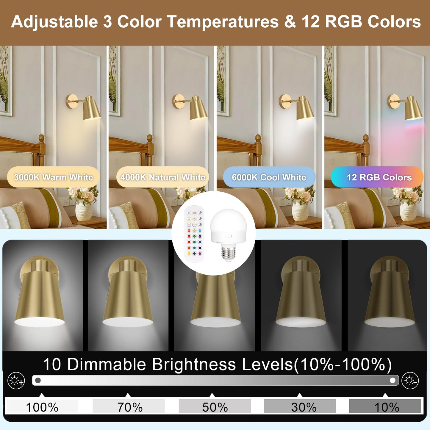 VATONI Battery Operated Wall Sconces Set of 2, Rechargeable Battery Operated Wall Lights Wireless Wall Sconce with Remote Control, Dimmable Wall Sconces Gold Wall Light for Bedroom Bedside LivingRoom