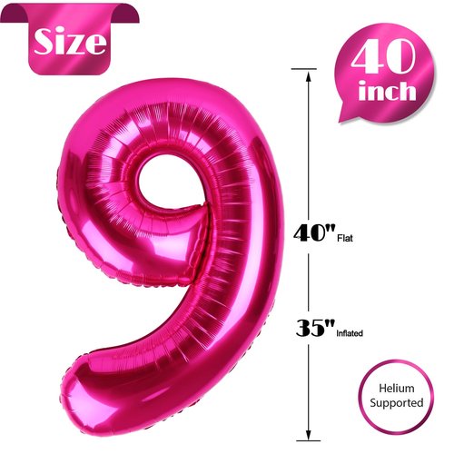Hot Pink Number 9 Balloon 40 Inch, 9th Birthday Party Decorations for Children, Giant 9 Foil Balloon for Party Supplies