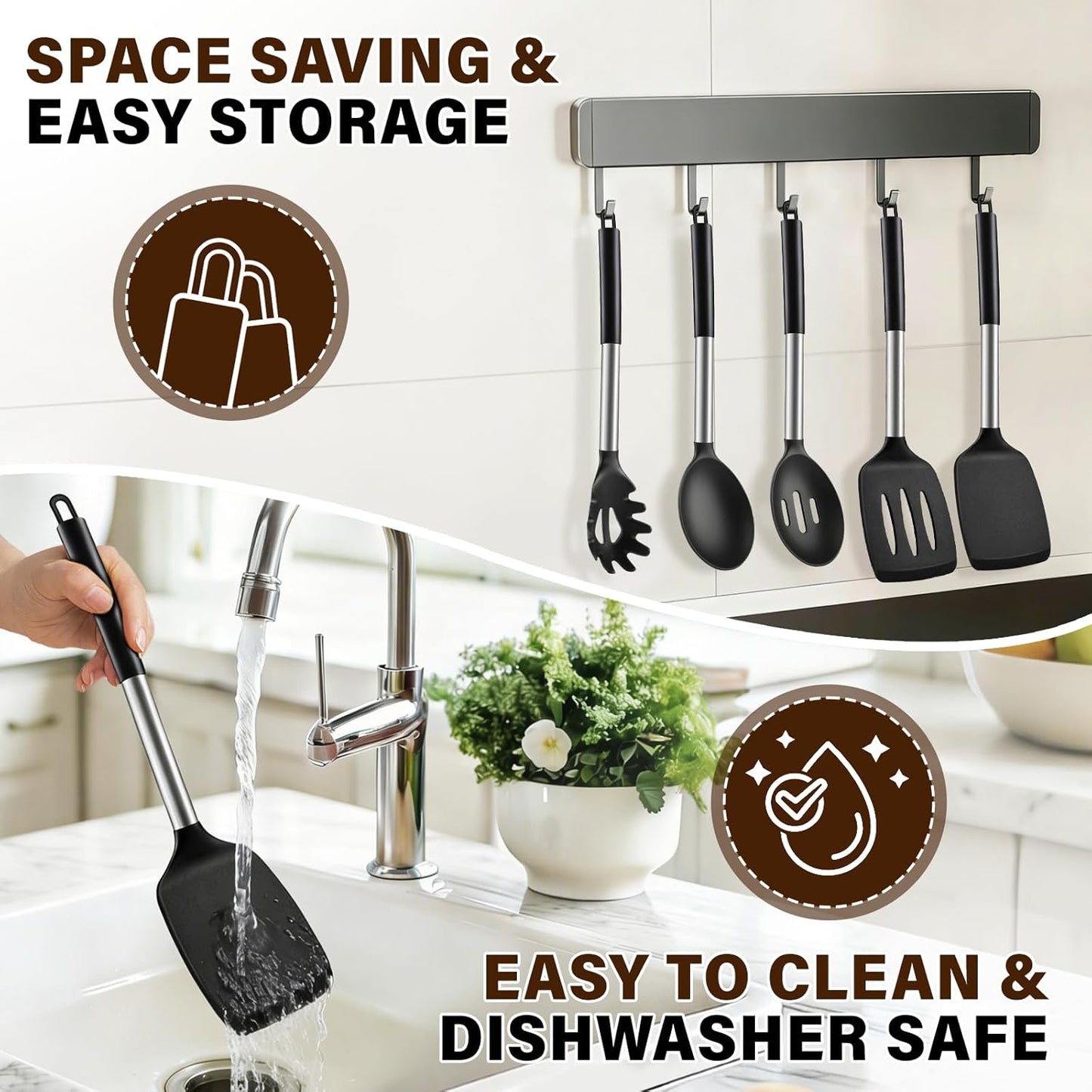 Skiennix Silicone Cooking Utensils Set - 5 Heat Resistant Kitchen Tools for Nonstick Cookware | Black