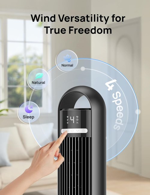 DREO Tower Fan - 90Β° Oscillating Standing Fan with 4 Speeds & 8H Timer | Quiet 28dB for Bedroom & Office - Black
