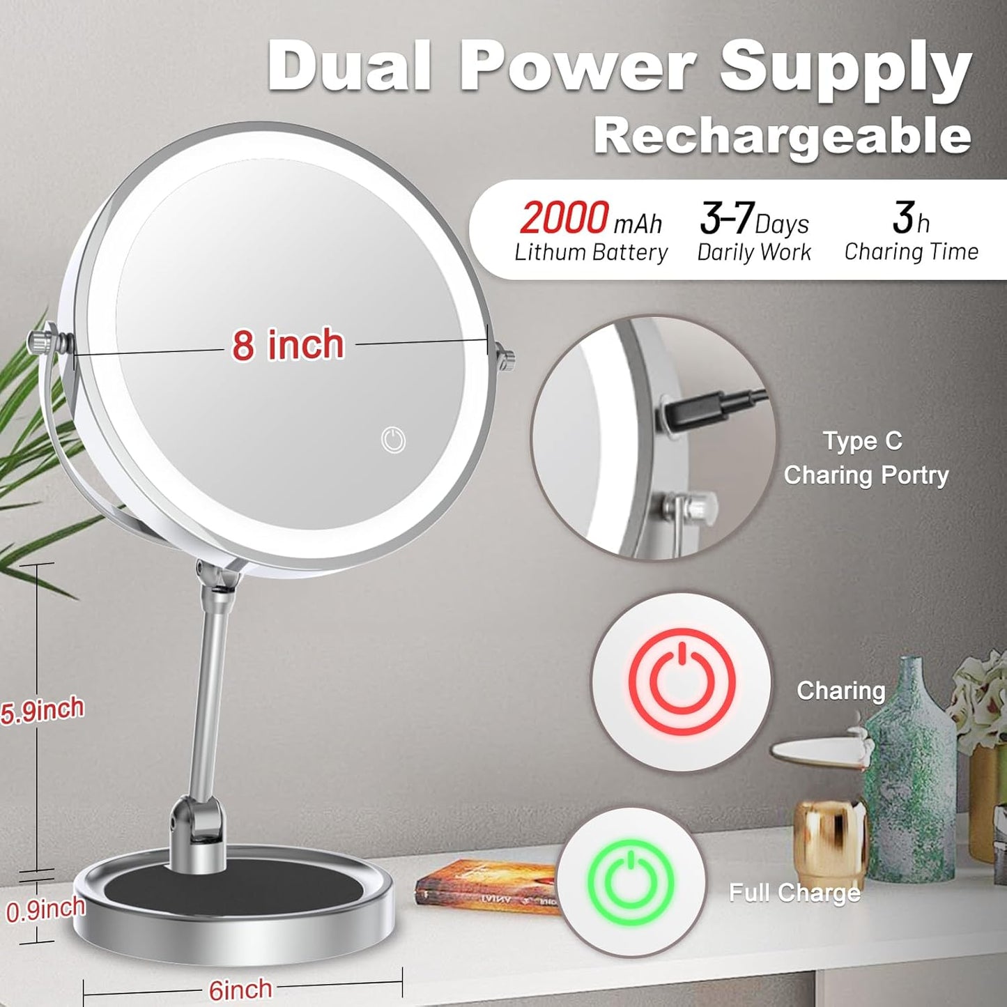 Tabletop Standing Makeup Mirror with Adjustable Height, 8Inch Mirror