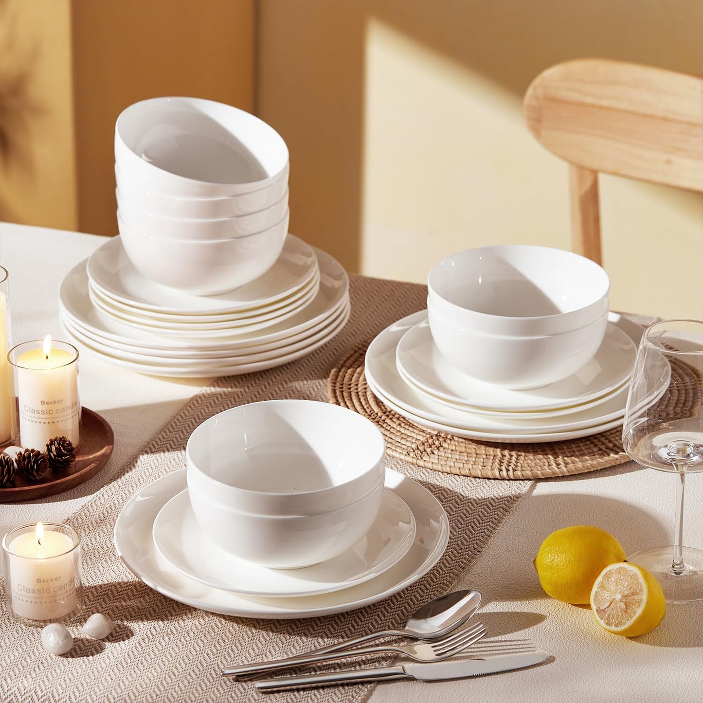 KINGSTONE 12-Piece Bone China Dinnerware Set for 4, Lightweight Porcelain Round Plates and Bowls Set, Durable Scratch Resistant Ceramic Dinner Set, Microwave & Dishwasher Safe, Ivory White