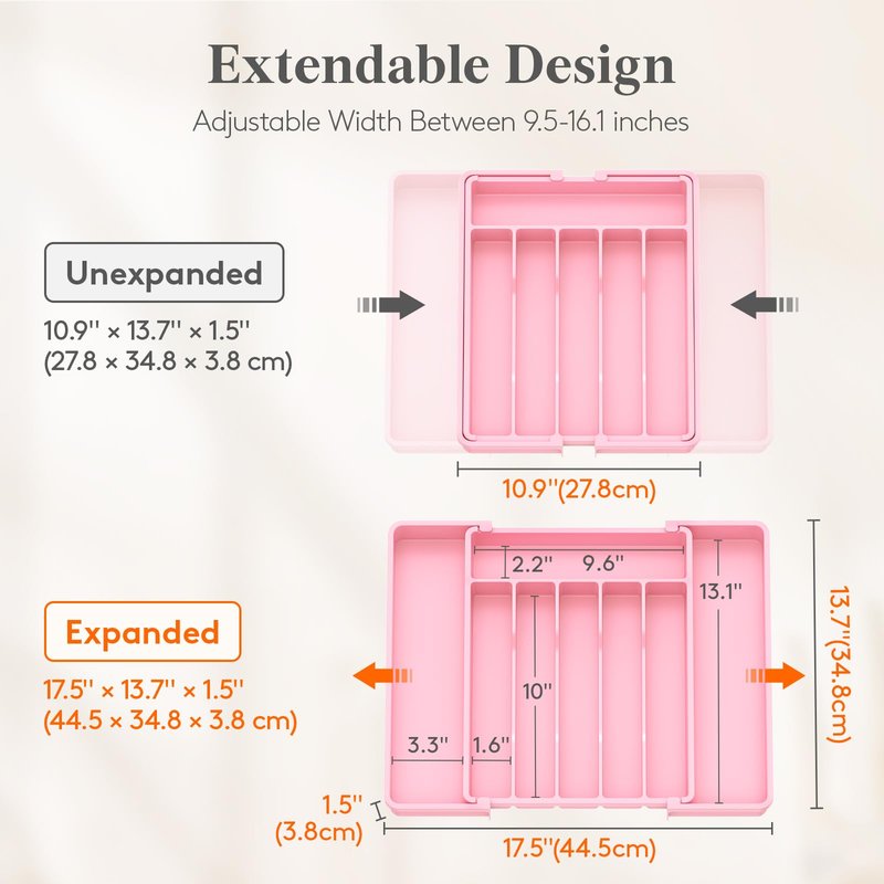 Lifewit Silverware Drawer Organizer, Expandable Utensil Tray for Kitchen, BPA Free Flatware and Cutlery Holder, Adjustable Plastic Storage for Spoons Forks Knives, 10.9"-17.5" x 13.7", Pink
