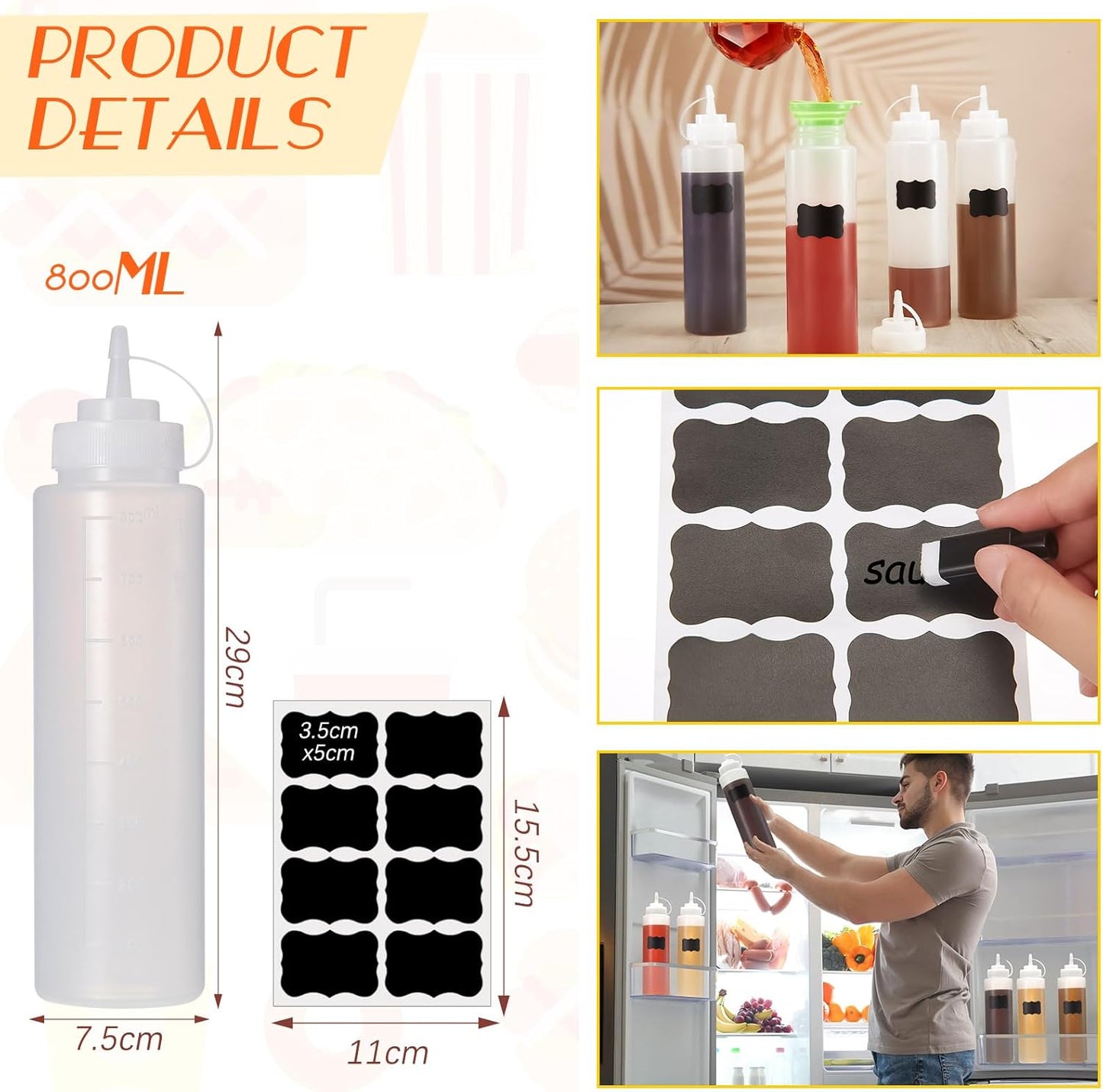 Mumufy 24 Pcs Condiment Squeeze Bottles 32 oz Plastic Squeeze Squirt Containers for Sauce Ketchup, Oil, Liquid with Extra 1 Funnel 24 Labels and 1 Pen