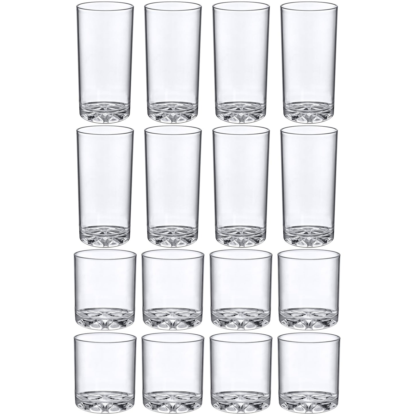 Amazing Abby - Liberty - 12-Ounce and 16-Ounce Plastic Tumblers (Set of 16), Plastic Drinking Glasses, All-Clear Reusable Plastic Cups, BPA-Free, Shatter-Proof, Dishwasher-Safe