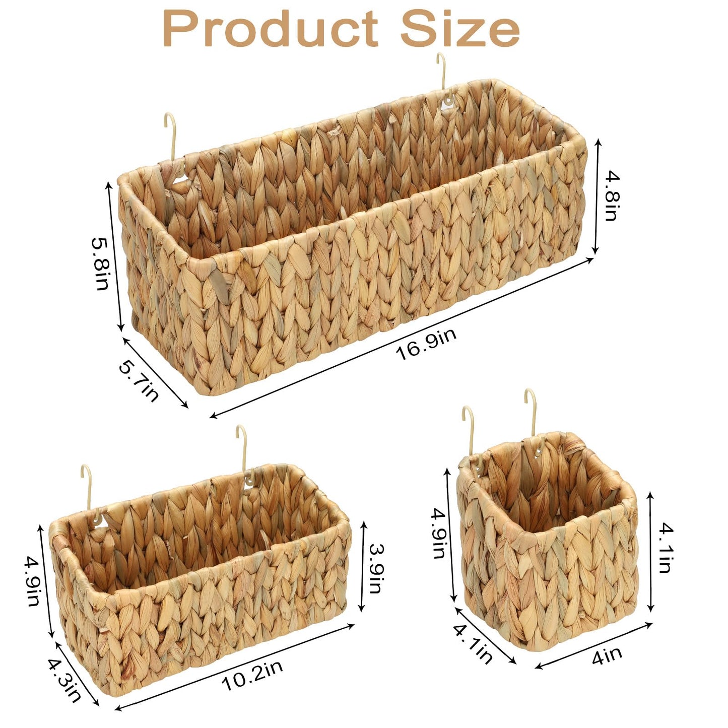 Woven Hanging Wall Baskets for Storage, Water Hyacinth Bathroom Wall Mount Organizer, Wicker Wall Baskets Decor for Letters and Mail, Food Storage Basket, Toilet Tank Basket, Set of 3