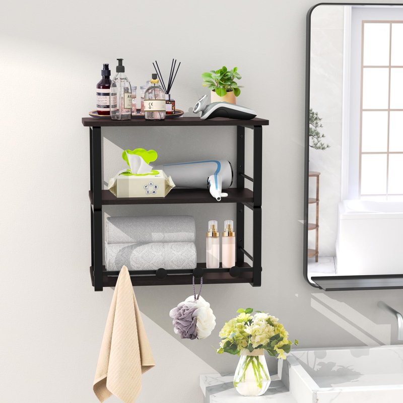 ANYHI Wall Mounted Three-Tier Floating Shelves for Living Room/Bedroom/Kitchen/Bathroom, Wood Floating Shelf with 4 Hooks for Books/Storage/Decor, Bedside Shelves, Black Nightstand