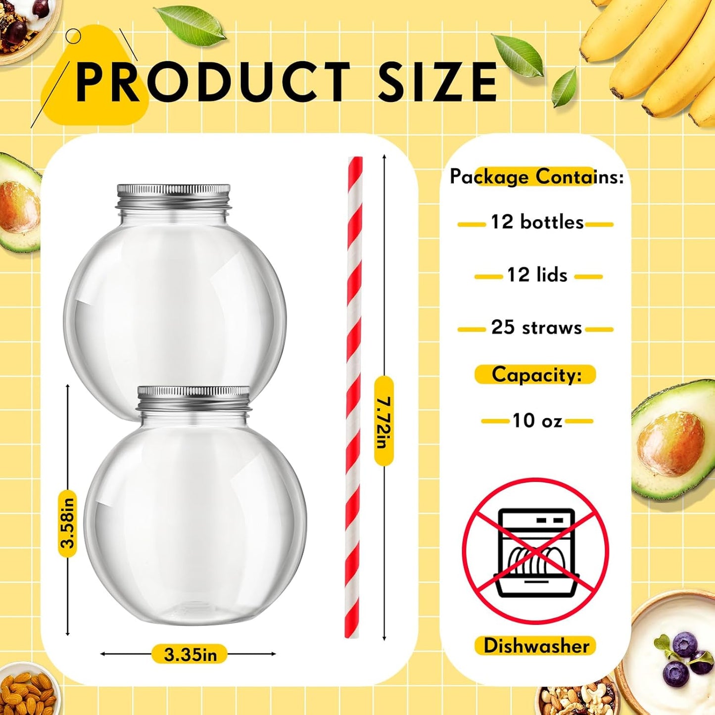 Yaomiao 24 Pcs 10 oz Mini Plastic Fish Bowl Ornament Cups for Drinks Clear Spherical Potion Bottles with Lids and Straws Bulb Cups for Christmas Carnival Candy Party Decorations (Red)