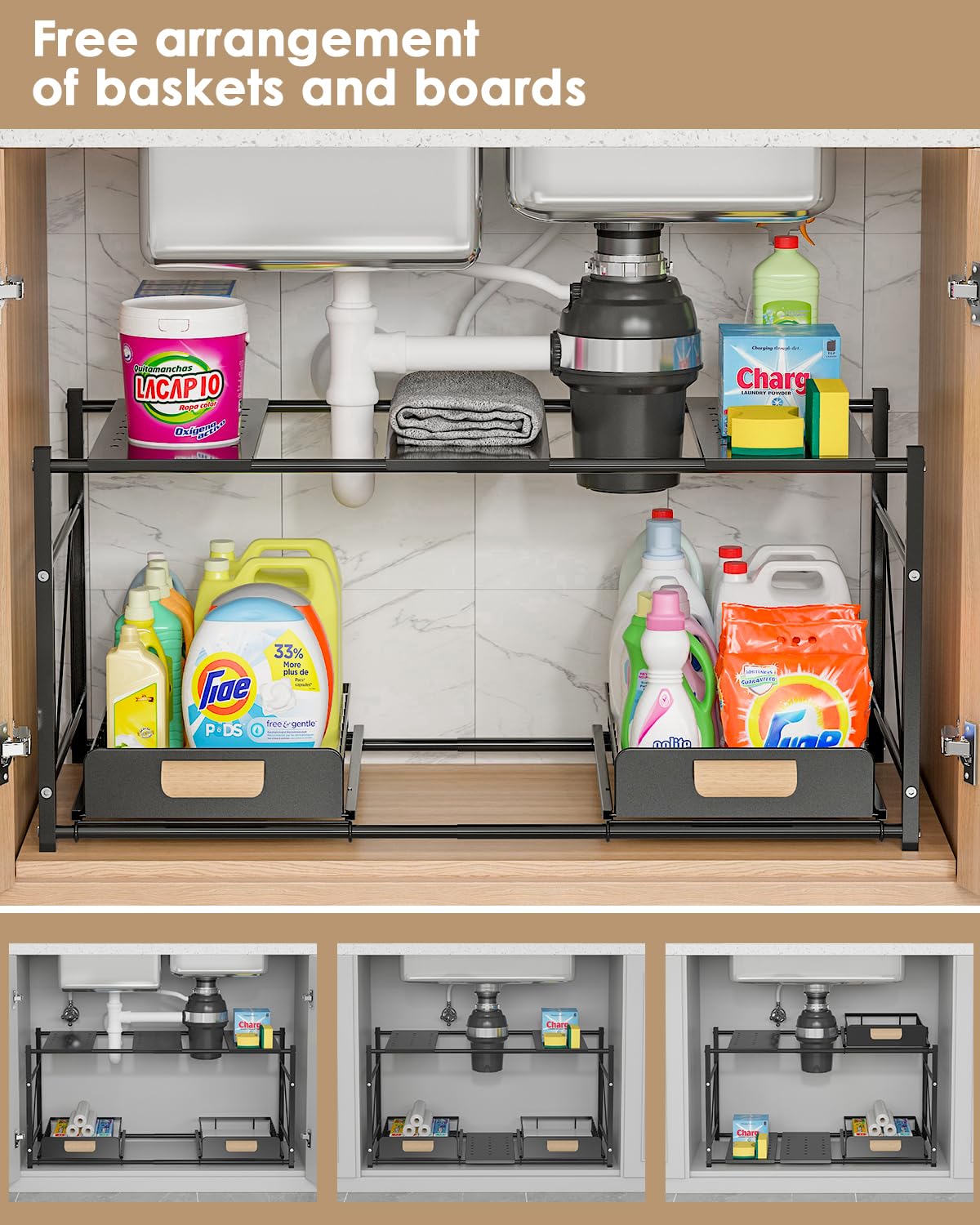 REALINN Extendable Under Sink Organizer, 2 Tier Expandable Under Cabinet Organizer Shelf with Height Adjustable, Retractable Cabinet Storage, Black