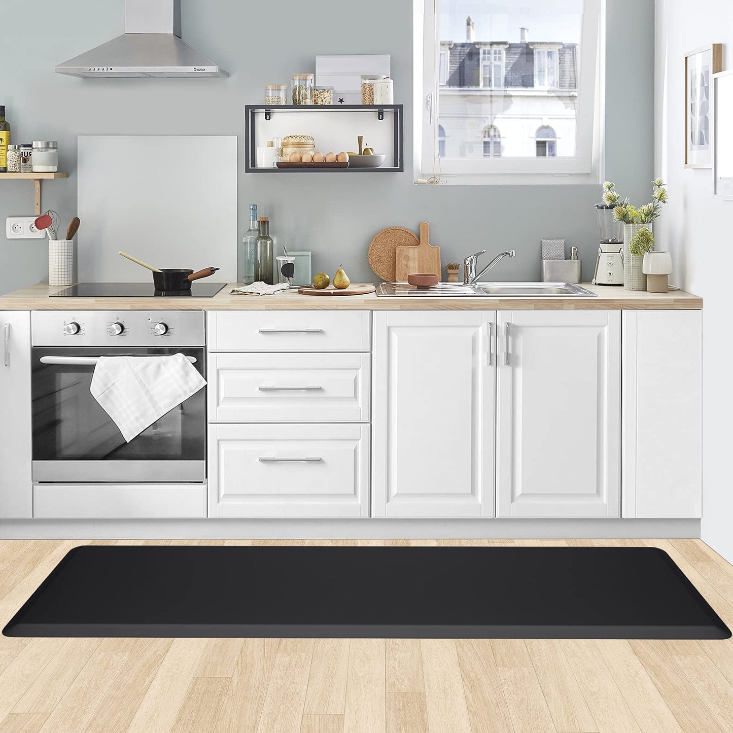 KitchenClouds Kitchen Mat Cushioned Anti Fatigue Rug 17.3"x60" Water Resistant Non Slip Standing Desk Mat Comfort Floor Mats for House Sink Office (Black)