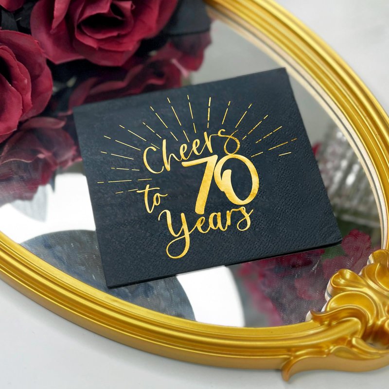 WRAPAHOLIC 50Pcs 70th Birthday Napkins - 3-Ply Disposable Paper Cocktail Napkin, Black and Gold Foil Cheers to 70 Years - 5 x 5 In