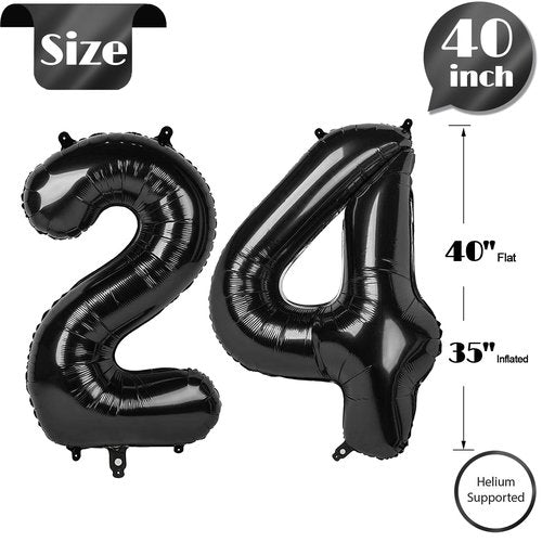 Black Number 24 Balloon 40 inch, 24 Number Balloons, 24th Black Birthday Decorations for Women Men, 24 Year Old Black Party Supplies