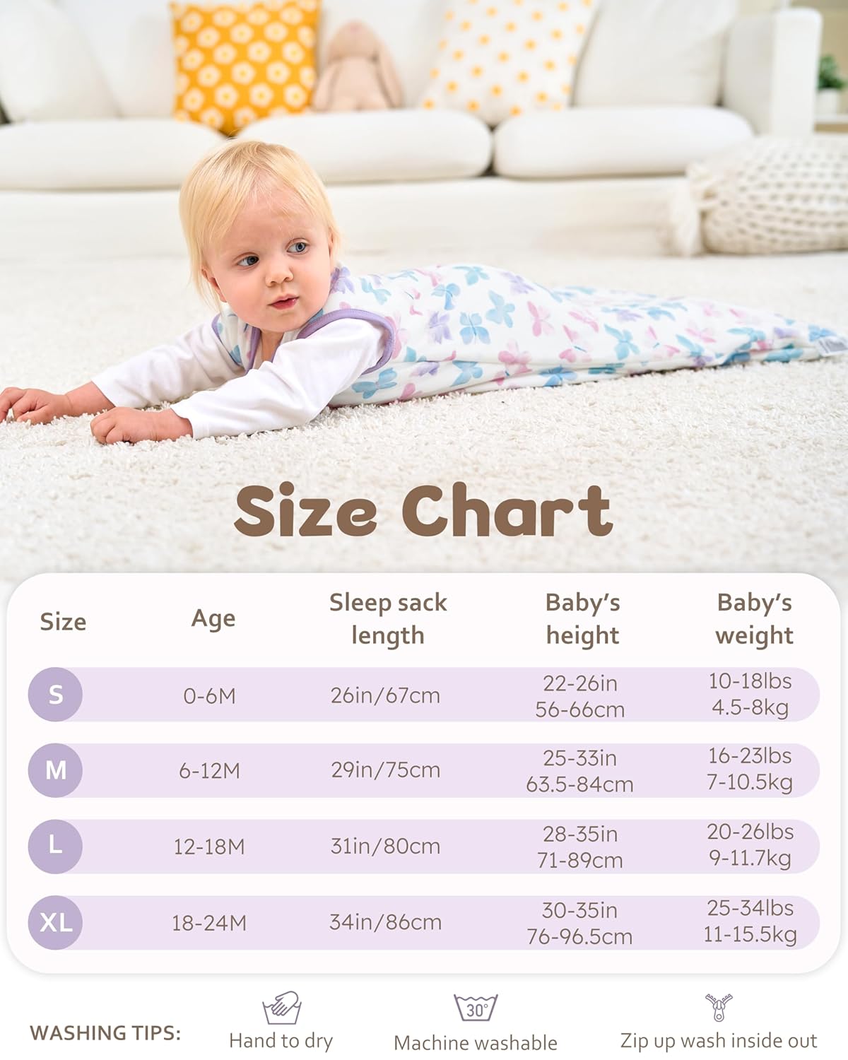 Rayon by Bamboo Baby Sleep Sack - Soft 1.0 Tog Wearable Blanket for Infants 6-12 Months | 2-Pack Purple Butterfly