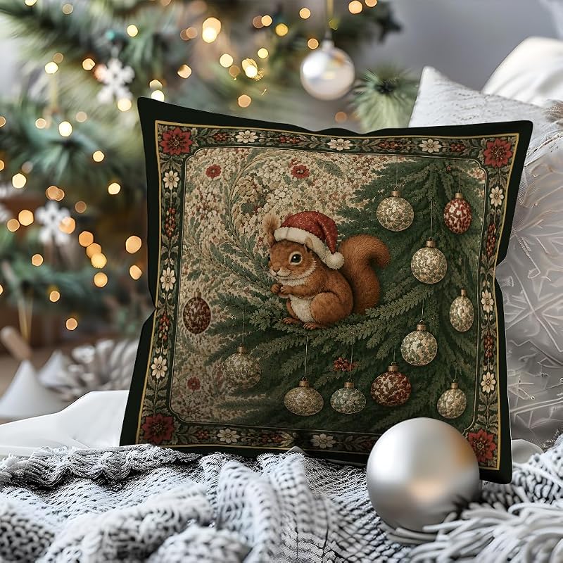 DAYOUER Christmas Tree William Morris Style Squirrel Pillow Cover 18x18 Multicolor